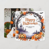 Carte d'Halloween citrouille Bats Watercolor (Devant / Derrière)