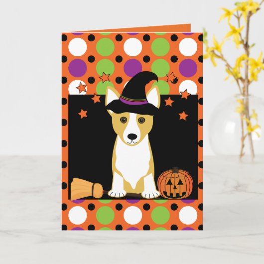 Carte d'Halloween Corgi Witch (Fleur jaune)