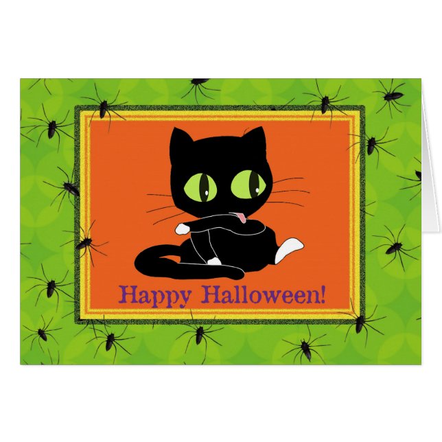 Carte d'Halloween Cute Kitty et Spiders (Devant Horizontal)