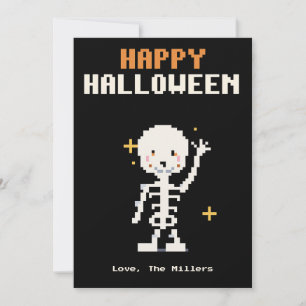 Carte d'Halloween en pixel art de squelette amical