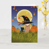 Carte d'Halloween Litle Witch et Black Cat (Fleur jaune)