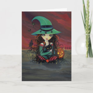 Carte d'Halloween mignonne sorcière et chat noir
