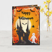 Carte d'Halloween Mummy, chauves-souris et château (Fleur jaune)