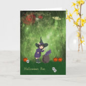 Carte d'Halloween pour enfants avec sorcière et br (Fleur jaune)