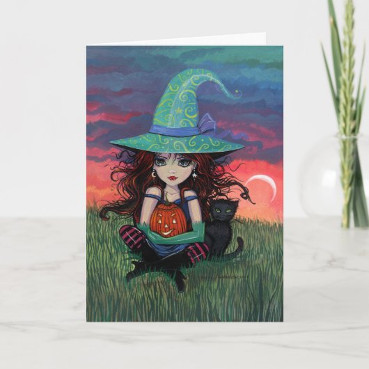 Carte d'Halloween pour sorcière et chat (Devant)