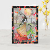 Carte d'Halloween sorcière et chatte amusante (Fleur jaune)