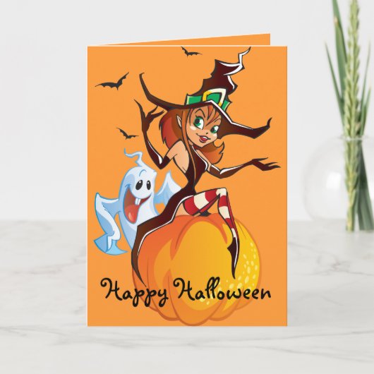 Carte d'Halloween sorcière et fantôme (Devant)