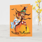 Carte d'Halloween sorcière et fantôme (Fleur jaune)