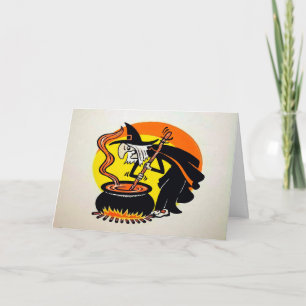 Carte d'Halloween sorcière vintage Cauldron