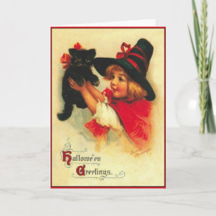 Carte d'Halloween Vintage Little Witch et Black Ca