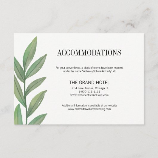 Carte d'hébergement Feuille Watercolor Green (Devant)