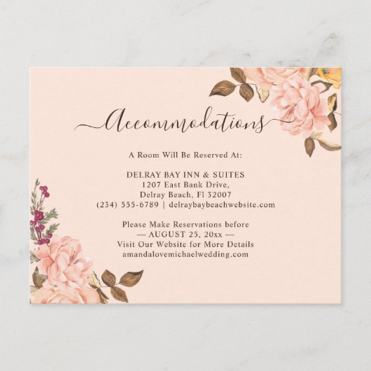 Carte d'hébergement Florale Or Rose (Devant)