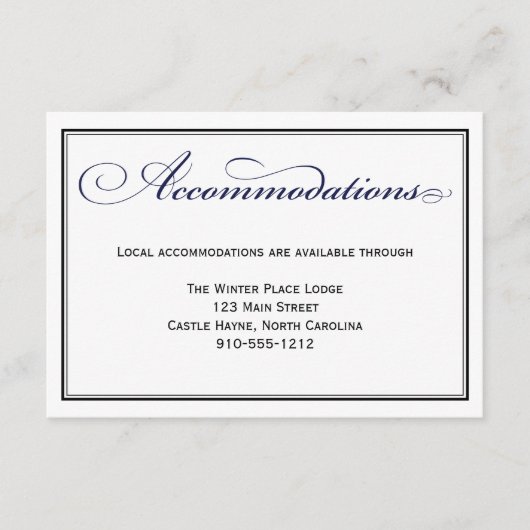Carte d'hébergement Mariage à Script bleu marine (Devant)