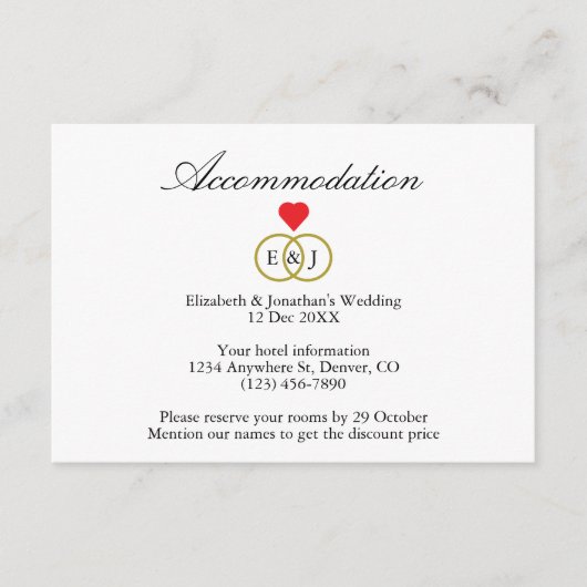 Carte d'hébergement Mariage Entwin Rings (Devant)