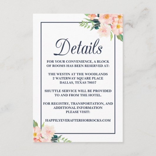 Carte d'hébergement Mariage floral Blush et Navy (Devant)