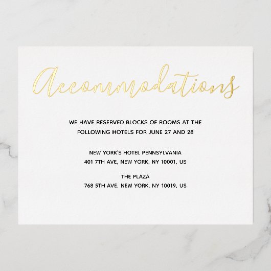 Carte d'hébergement Mariage Real Gold Foil Script (Recto)