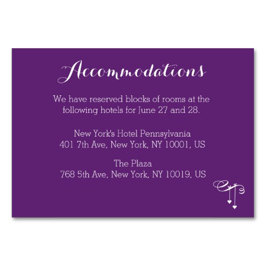 Carte d'hébergement Mariage violet customisé (Devant)