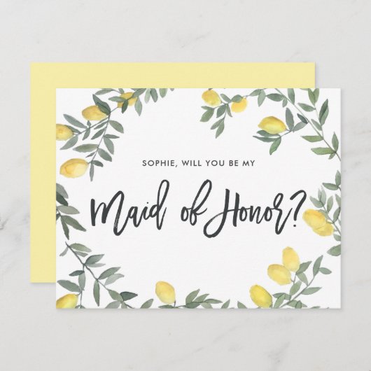 Carte d'honneur Boho Watercolor Lemon Wreath Maid (Devant / Derrière)