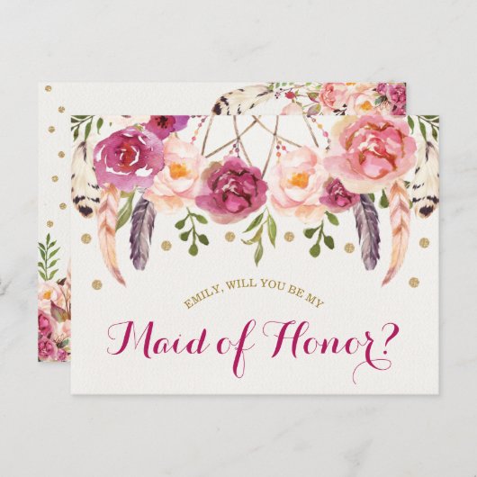 Carte d'honneur Rustique Boho Floral Dreamcatcher (Devant / Derrière)