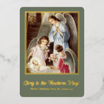 Carte d'huile Vintage Christmas Baby Jesus Nativit<br><div class="desc">Style vintage Gloire au nouveau-né Roi Noël bébé Jésus Nativité Scène carte de séjour plat en papier. Le texte et le cadre sont de véritables feuilles et peuvent être changés en or, argent ou or rose. Ajoutez votre propre nom de famille et envoyez cette belle et unique carte pour les...</div>