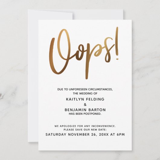 Carte d'humour doré Mariage reporté Oups ! (Devant)