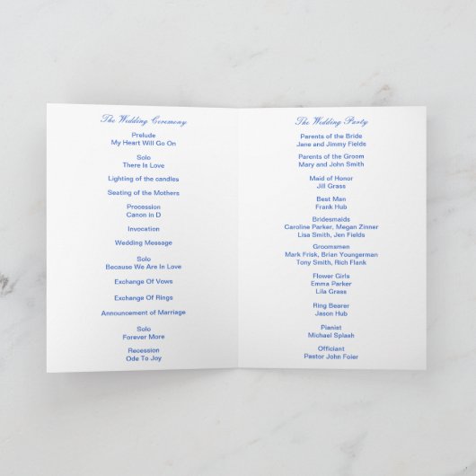Carte Diamond Heart Blue Wedding Program Card (Intérieur)