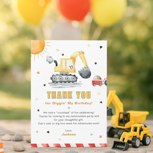 Carte Diggin’ It Construction Birthday Thank You Card
