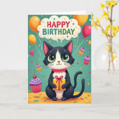 Carte d'illustration de chat joyeux (Fleur jaune)