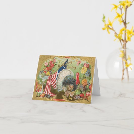 Carte Dinde avec drapeau - Message de Thanksgiving (Fleur jaune)