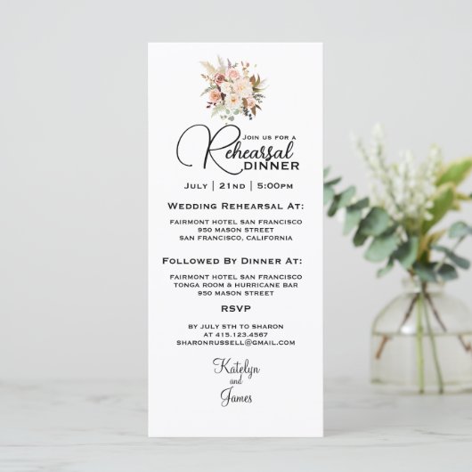 Carte Dîner de répétition Boho Soft Rose/Fleurs Blanches (Debout devant)