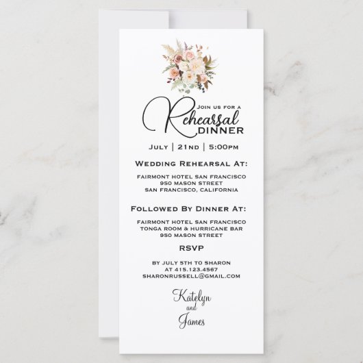 Carte Dîner de répétition Boho Soft Rose/Fleurs Blanches (Devant)