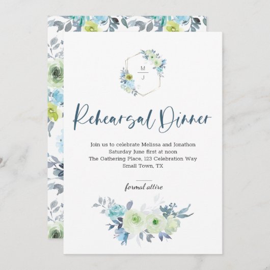 Carte Dîner de répétition Floral bleu clair jaune vert (Devant / Derrière)