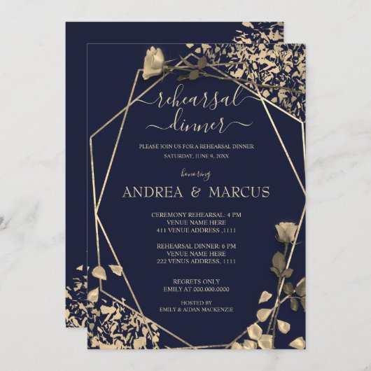 Carte Dîner de répétition Mariage en Bleu profond et Cha (Devant / Derrière)