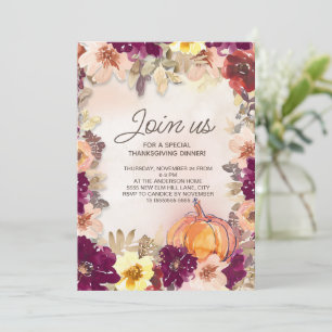 Carte Dîner de Thanksgiving Fleurs Roses Bourgogne Citro