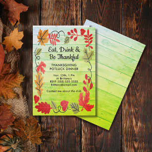 Carte Dîner Thanksgiving Potluck LT Green Wood Invitatio