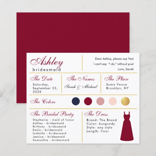 Carte d'information Bridesmaid Burgundy Gold Colon (Devant / Derrière)
