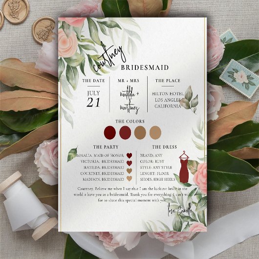 Carte d'information Bridesmaid du script Floral