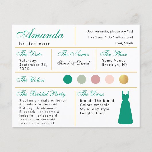 Carte d'information Bridesmaid Emerald Green Gold (Devant)