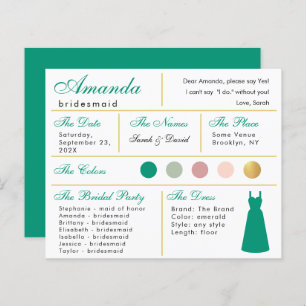 Carte d'information Bridesmaid Emerald Green Gold