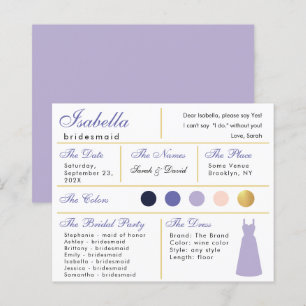 Carte d'information Bridesmaid Lavender Purple Gol