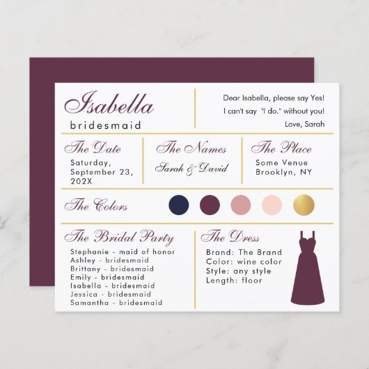Carte d'information Bridesmaid Vin Couleur Faux Or (Devant / Derrière)