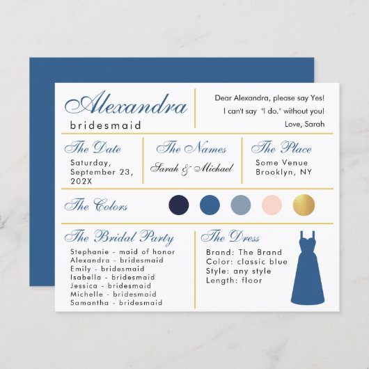 Carte d'information classique Blue Faux Gold Bride (Devant / Derrière)