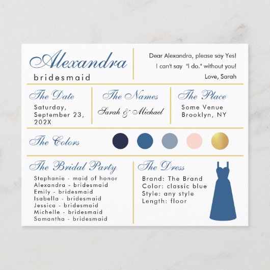 Carte d'information classique Blue Faux Gold Bride (Devant)