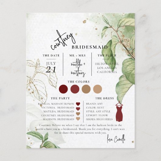 Carte d'information de Bridesmaid de script de tex (Devant)