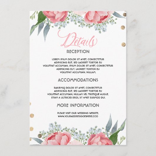 Carte d'information de mariage à fleurs roses pour (Devant)