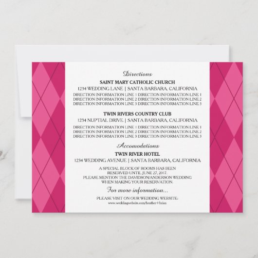 Carte d'information de mariage Argyle rose (Devant)