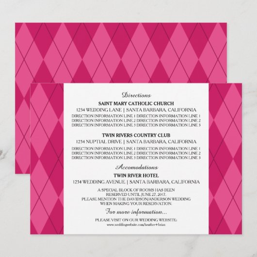 Carte d'information de mariage Argyle rose (Devant / Derrière)