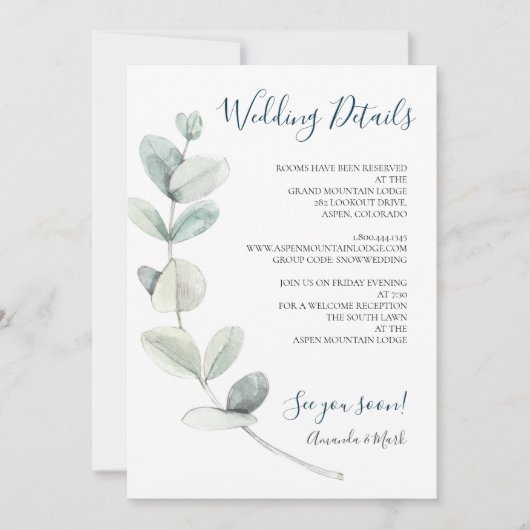 Carte d'information de mariage au eucalyptus aquar (Devant)