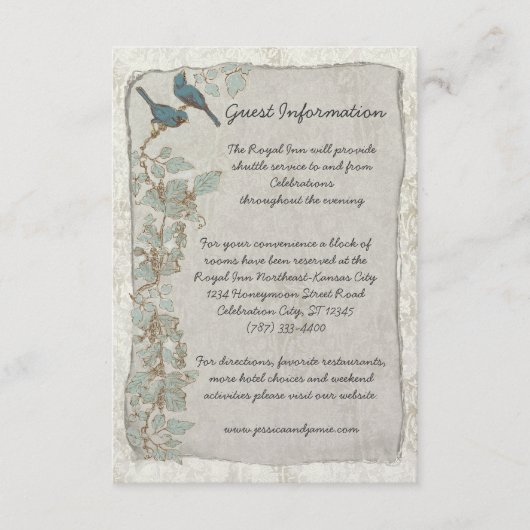 Carte d'information de Mariage damassé aux oiseaux (Devant)