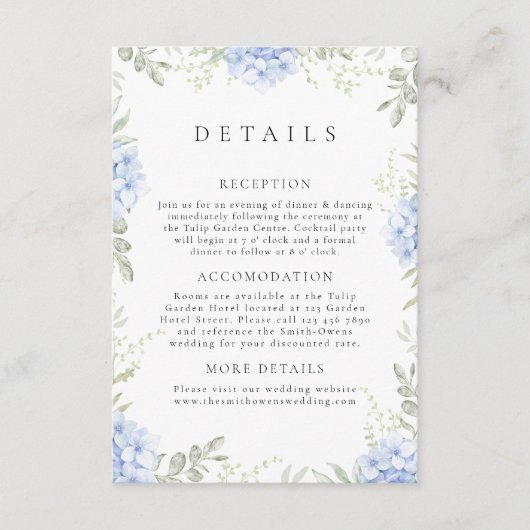 Carte d'information de mariage Hydrangea Bleu (Devant)